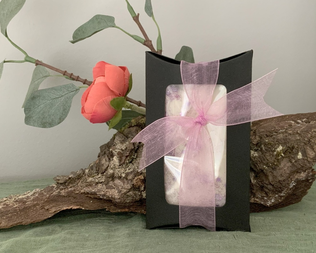 Mărțișor tabletă soia sclipici mov pudrat WaxMelts parfum floral în cutie