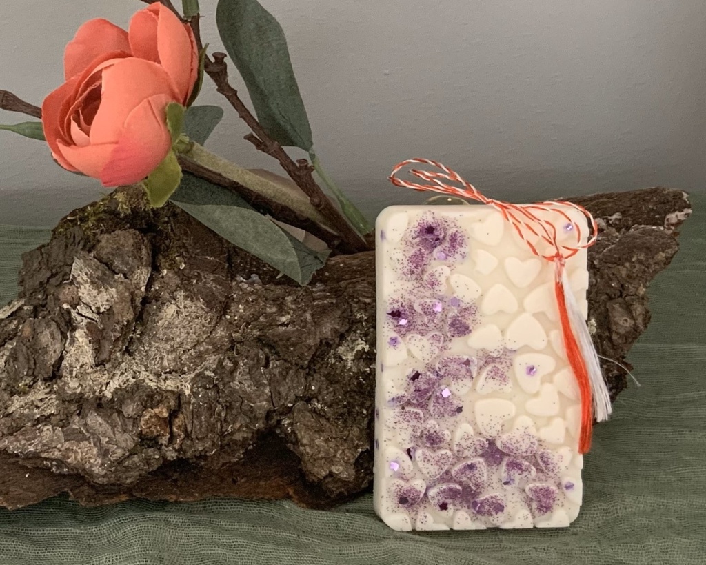 Mărțișor tabletă soia WaxMelts parfum floral sclipici mov