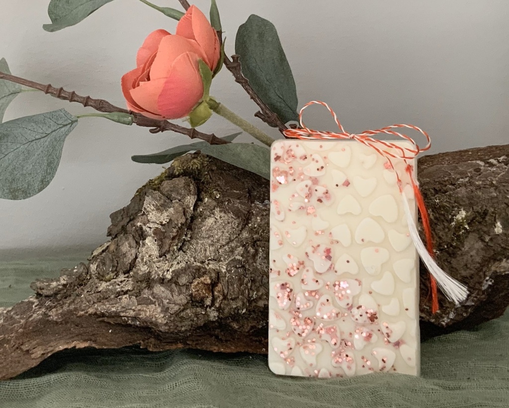 Mărțișor tabletă soia WaxMelts parfum floral sclipici roz