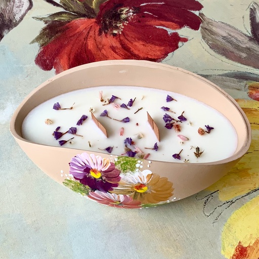 Lumânare soia flori bumbac bol ceramic floral crem